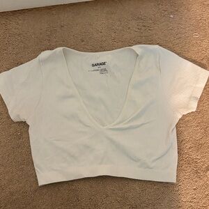 Garage Cream Ribbed V-Neck Crop Top